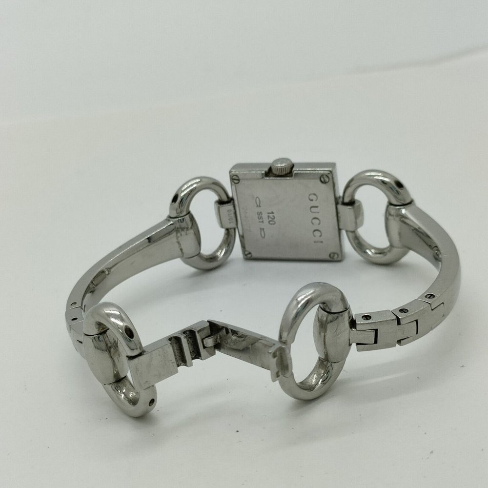 EUC GUCCI Horsebit Silver Bangle 120 Bangle Watch 18mm Women's Black X Silver - Picture 6 of 14